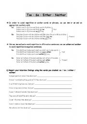 English Worksheet: SO / TOO / EITHER / NEITHER