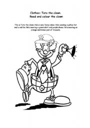 English Worksheet: Clothes: Toto the Clown. Read and colour