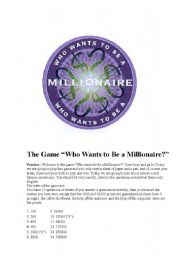 English Worksheet: GAME! Who wants to be a millionaire?