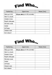 English worksheet: Find Who...