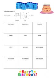 English Worksheet: Birthday Calendar