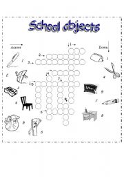 English Worksheet: School objects crossword