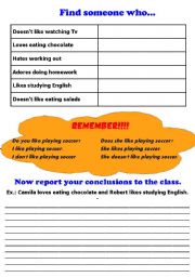 English worksheet: Likes and dislikes - Find someone who game