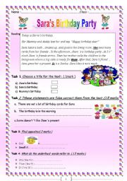 Sara´s birthday party ;a  reading with comprehension  questions,language and writing about birthday