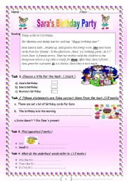 English Worksheet: Saras birthday party ;a  reading with comprehension  questions,language and writing about birthday