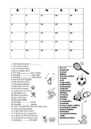 English worksheet: bingo on sports!!