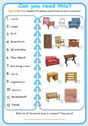 English Worksheet: Top to bottom - a reading challange 2 (furniture)