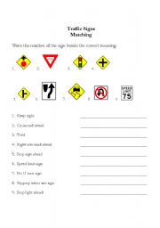 English worksheet: traffic signs matching exercise