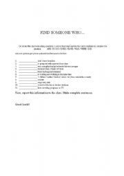 English Worksheet: Find Someone Who Questions Forms