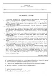 English Worksheet: One world, one language