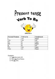 English worksheet: Present tense, verb to be