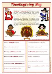 English Worksheet: Thanksgiving Day - reading comprehension ***editable