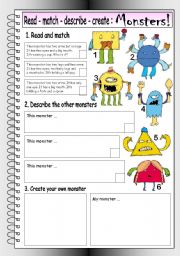 English Worksheet: Read - Match - Describe - Create: MONSTERS (1)