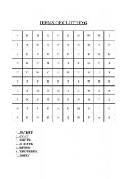 English Worksheet: Clothing Wordsearch