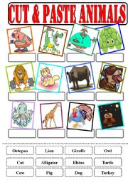 English Worksheet: Cut and Paste Animals (*B&W included*)