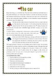 English Worksheet: car - reading, vocabulary with key