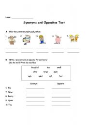 English worksheet: Synonyms and Antonyms Test