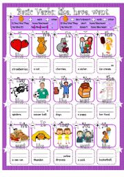 English Worksheet: Simple Present Affirmative & Negative with 3 Basic Verbs: have, like, and want. Quick Guide & Exercises.