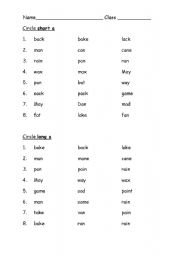 English worksheet: Short A Long A