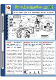 English Worksheet: My schoolmates and I (prepositions of places and colours reading comprehension)