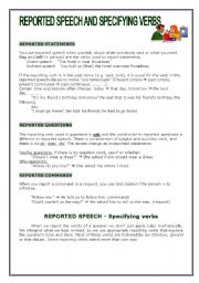English Worksheet: REPORTED SPEECH AND SPECIFYING VERBS