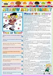 English Worksheet: ANDREW AND HIS FAMILY- READING AND COMPREHENSION - TWO PAGES - KEY INCLUDED