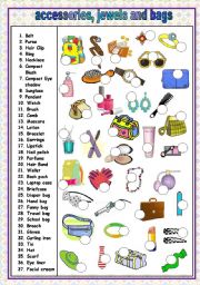English Worksheet: ACEESSORIES, JEWELS AND BAGS (KEY AND B&W VERSION INCLUDED)