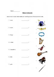 English Worksheet: Musical Instruments and Time Word Scramble and Matching Worksheet