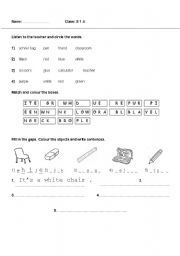 English worksheet: classroom objects and colors