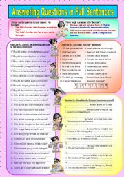 English Worksheet: HOW TO ANSWER QUESTIONS IN FULL SENTENCES  ((explanations & 50 sentences to complete ))  Elementary/Intermediate Level  ((B&W VERSION INCLUDED))
