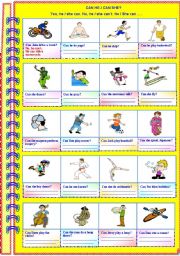 English Worksheet: Can he / she ..? Yes he/she can. No, he/she cant. He/She can.......(with answer key)**editable 