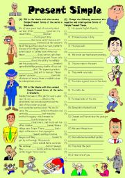 English Worksheet: Exercises on Present Simple Tense (Editable with Key)