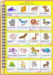 English Worksheet: Animal sounds - Can it ..? Yes it can. No, it cant. It can.......(with B/W and answer key)**editable 