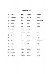 English worksheet: Odd One Out