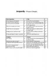 English Worksheet: Jeopardy - mixed questions and present simple