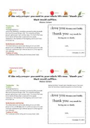 English worksheet: thanksgiving card 2010 front and back two cards in one page