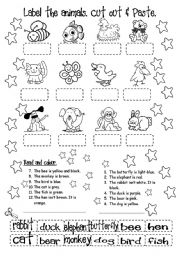 English Worksheet: Label the ANIMALS, Cut out, Paste & Colour.
