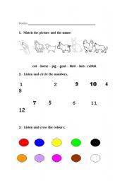 English worksheet: Animals, numbres an colours