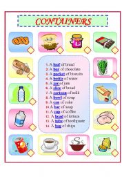 English Worksheet: CONTAINERS FOR UNCOUNTABLE NOUNS