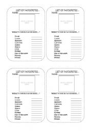 English worksheet: List of Favourites