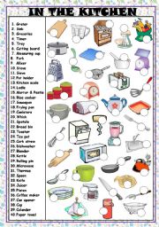 English Worksheet: IN THE KITCHEN - UTENSILS AND APPLIANCES  (KEY AND B&W VERSION INCLUDED)