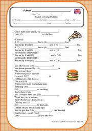 English Worksheet: Listening exercise: The Fast Food Song