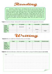 English Worksheet: Reading and Writing about Family