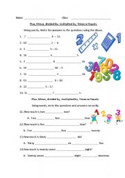 English Worksheet: Plus, Minus, divided by, multiplied by, Times or Equals.