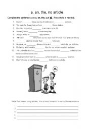 English Worksheet: a, an, the, no article