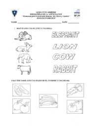English worksheet: animals and fruits
