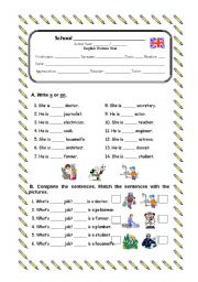 English Worksheet: Written test - jobs, a/ an, personal pronouns, possessive adjectives, yes or no questions