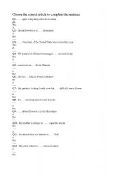 English Worksheet: Article Multiple Choice