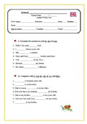 English Worksheet: Written test - verb To be, personal pronouns, classroom objects and verb To have got,