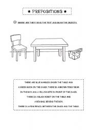 English Worksheet: Prepositions: read, draw the objects and colour